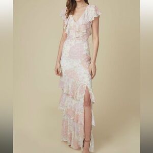 The Campbell Ruffle Tiered Column Gown in Blush Hydrangea Floral